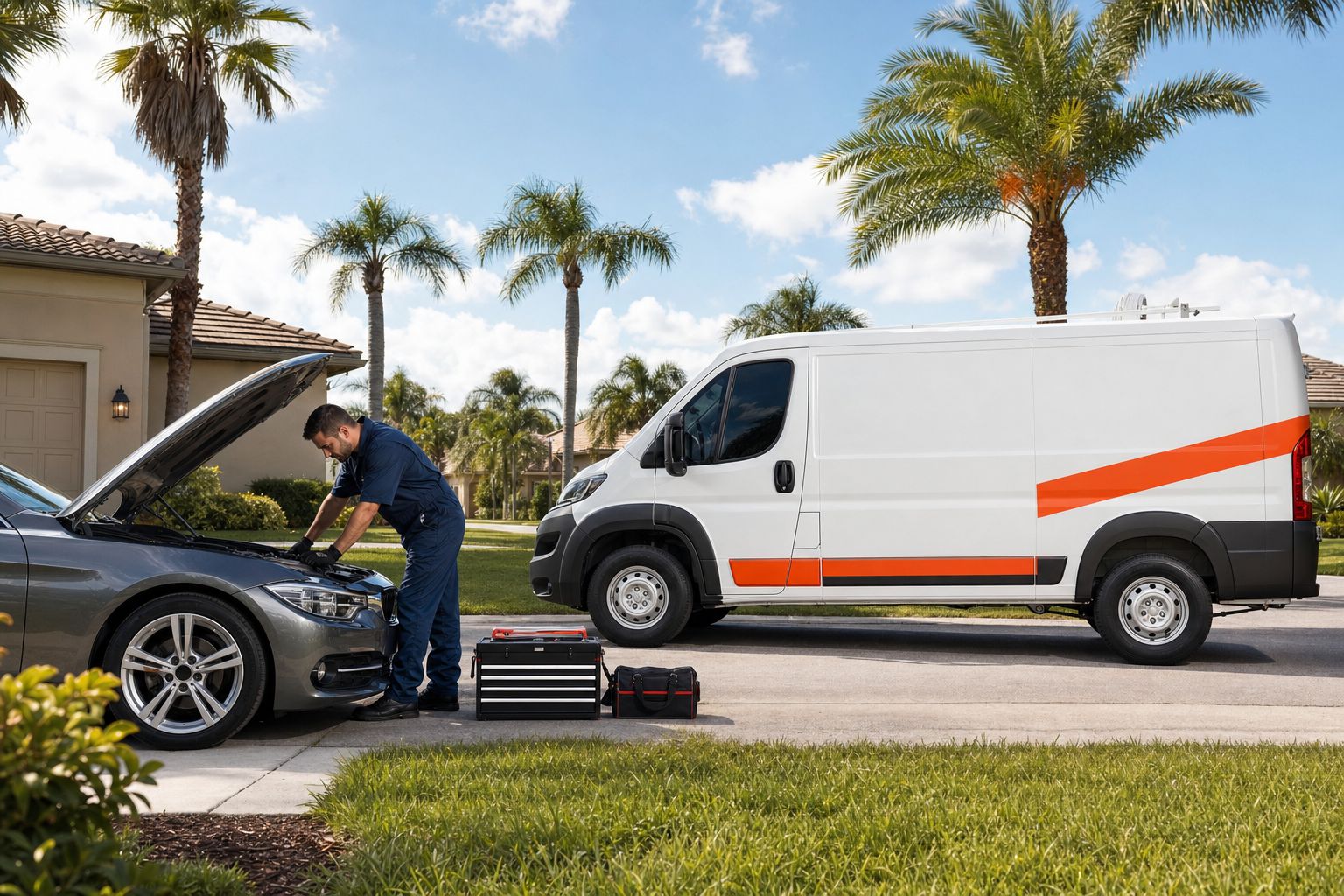 Express Mobile Service mechanic performing on-site auto repair at a customer's home in Jacksonville, Florida
